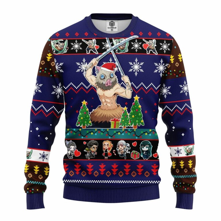 Inosuke Hashibira Demon Slayer Anime Ugly Christmas Sweater Blue