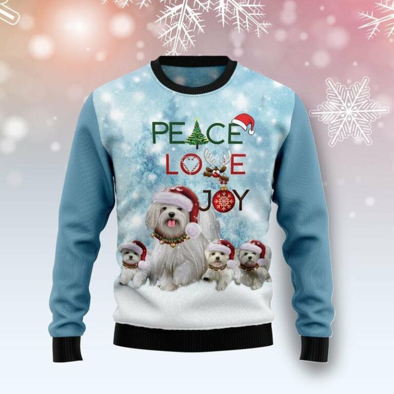 Maltese Peace Love Joy Ugly Christmas Sweatshirt, Sweater
