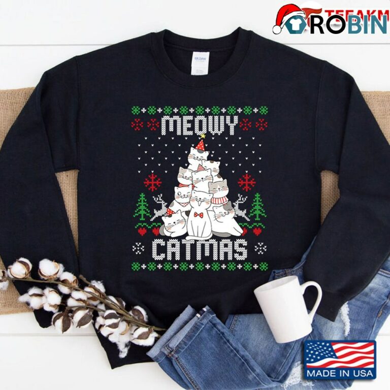 Meowy Catmas Ugly Christmas Sweatshirt Funny Xmas Tree Cat Gift Sweatshirt