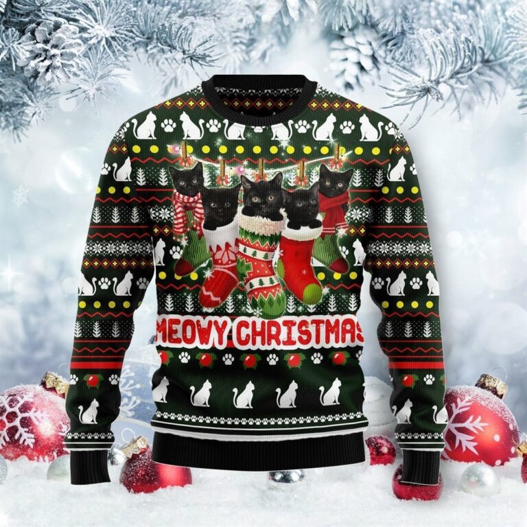 Meowy Christmas Black Cat Christmas Ugly Sweatshirt, Sweater