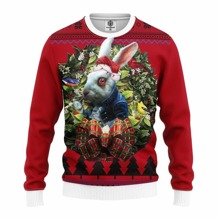 Rabbit Wearing Coat Alice In Wonderland Noel Mc Ugly Christmas Sweater