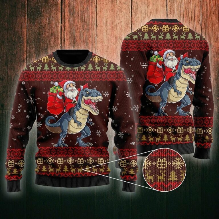 Santa Riding Dinosaur T Rex Ugly Christmas Sweatshirt, Sweater