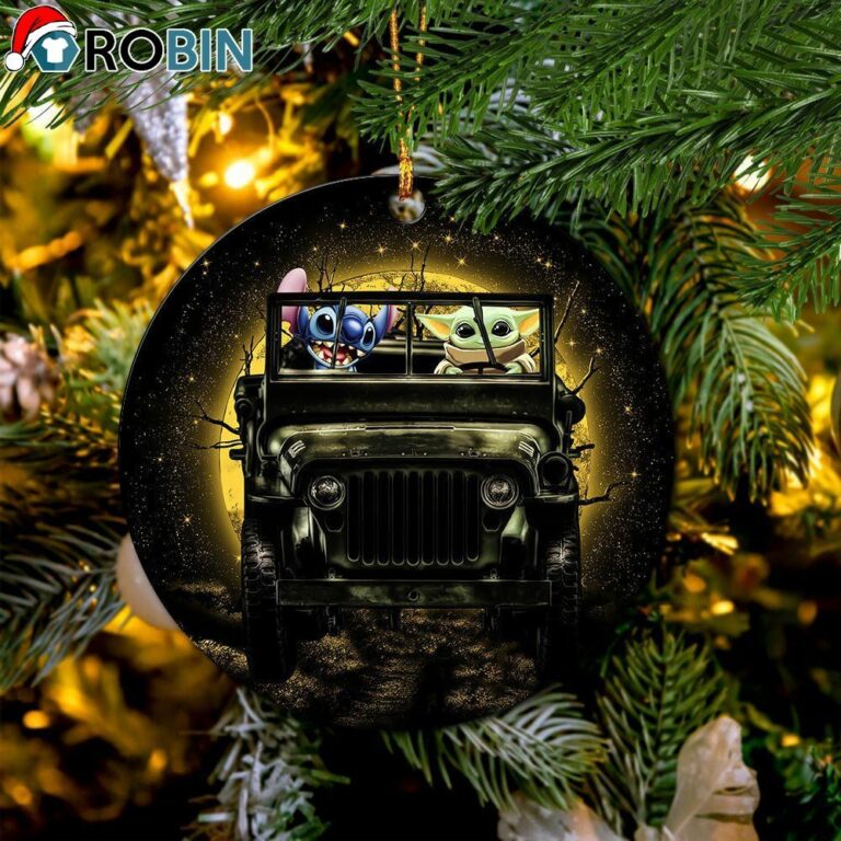 Stitch And Baby Yoda Ride Jeep Moonlight Halloween Funny Circle Ornament – Christmas Decorations
