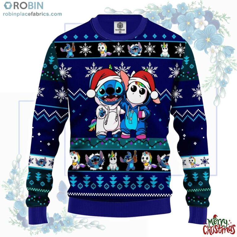Stitch Unicorn Ugly Christmas Sweater Blue