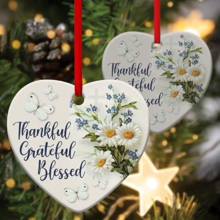 Thankful, Grateful And Blessed Elegant Christian Heart Ornament