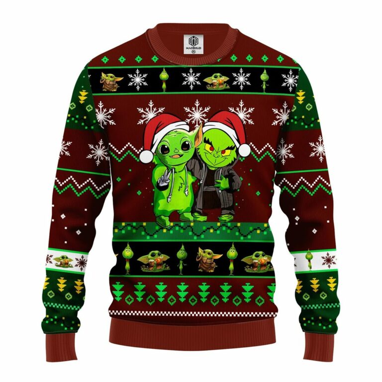 Yoda And Grinch Ugly Christmas Sweater Brown Green