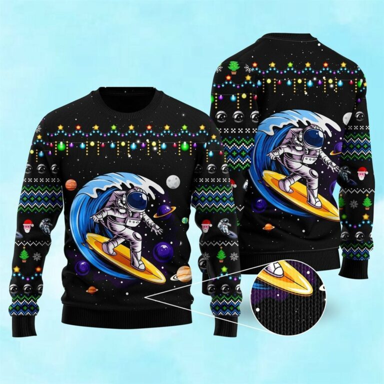 Astronauts Surf On A Surfboard In Space Christmas Ugly Sweatshirt, Sweater