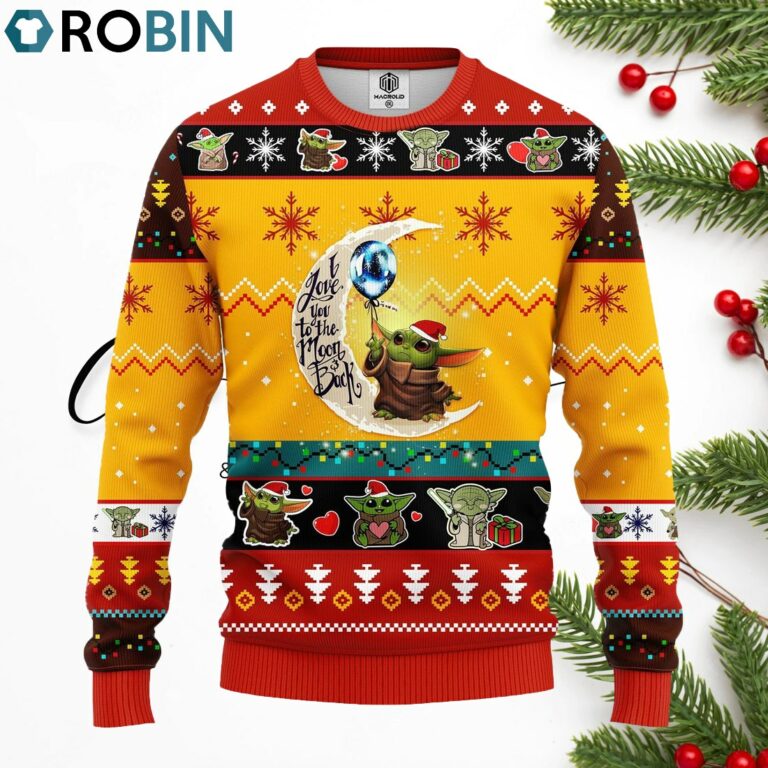 Baby Yoda Moon And Back Cute Ugly Christmas Sweater Yellow