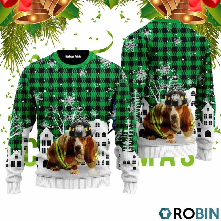 Basset Hound Costume Firefighter In Christmas City Pattern Ugly Christmas Sweater RB2475