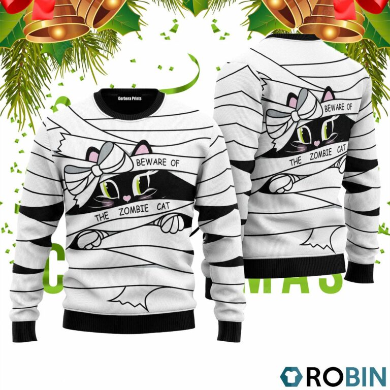 Be Ware Of A Zombie Cat Halloween 3D Print Ugly Christmas Sweater RB2208