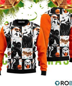 Black Cat and Ghost Halloween 3D Print Ugly Christmas Sweater RB4443