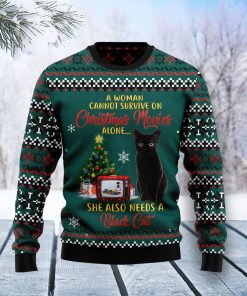 Black Cat Christmas Movie All Over Print Ugly Sweatshirt, Sweater