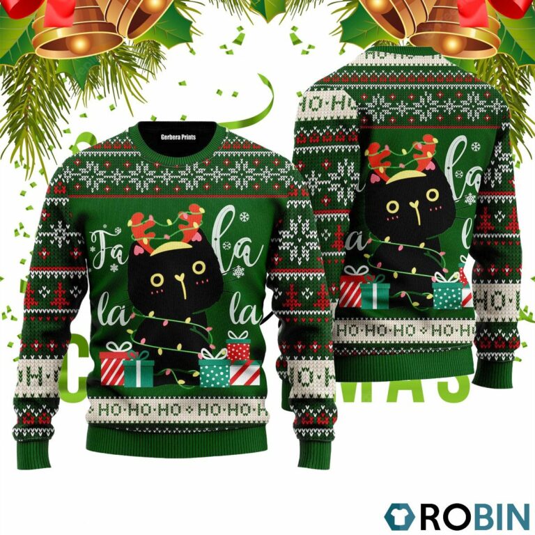 Black Cat Falalala 3D Print Ugly Christmas Sweater RB4324
