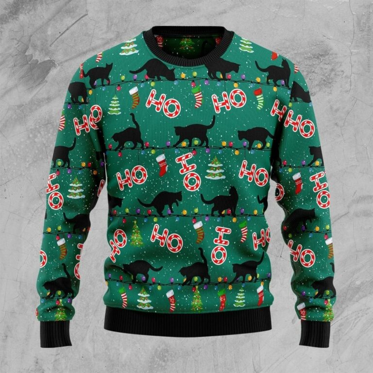 Black Cat Ho Ho Ho Christmas Ugly Sweatshirt, Sweater