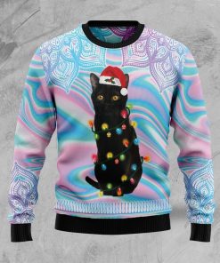 Black Cat Hologram Pattern All Over Print Ugly Sweatshirt, Sweater