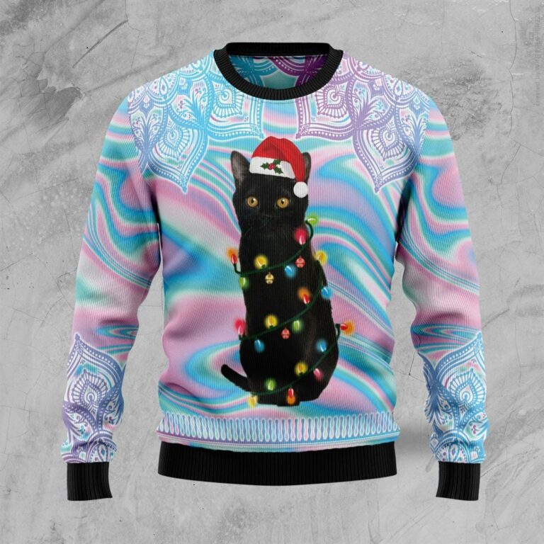 Black Cat Hologram Pattern All Over Print Ugly Sweatshirt, Sweater