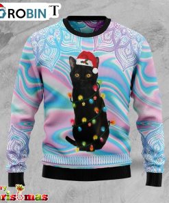 Black Cat Hologram Pattern Ugly Christmas Sweater – Best Xmas Gift