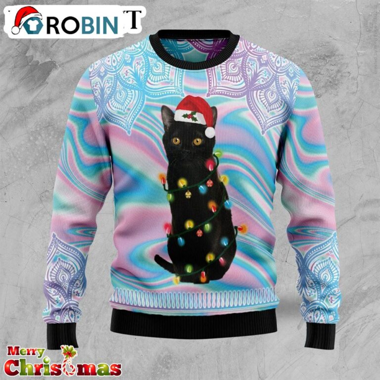 Black Cat Hologram Pattern Ugly Christmas Sweater – Best Xmas Gift