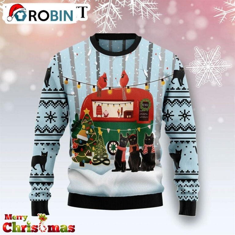 Black Cat Love Camping Ugly Christmas Sweater – Best Xmas Gift