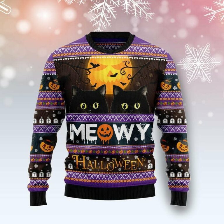 Black Cat Meowy Halloween Christmas Ugly Sweatshirt, Sweater