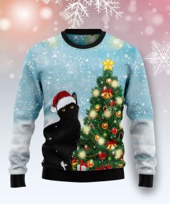 Black Cat Noel Tree All Over Print Ugly Sweatshirt, Sweater