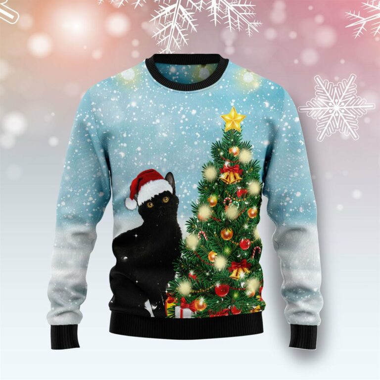 Black Cat Noel Tree All Over Print Ugly Sweatshirt, Sweater