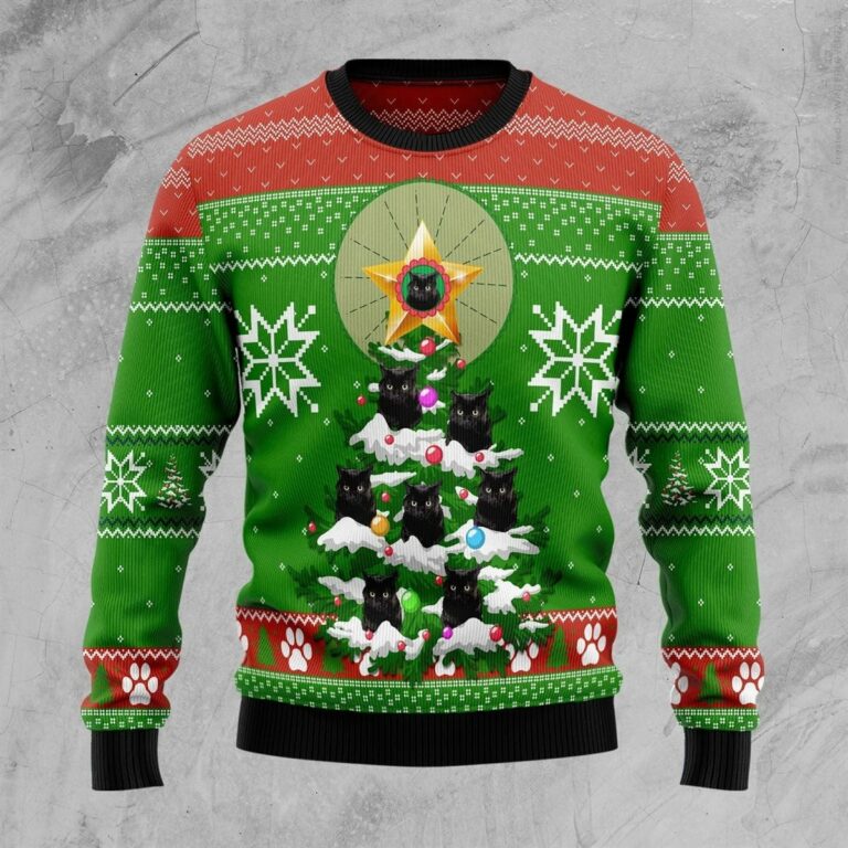 Black Cat Pine All Over Print Ugly Sweatshirt, Sweater