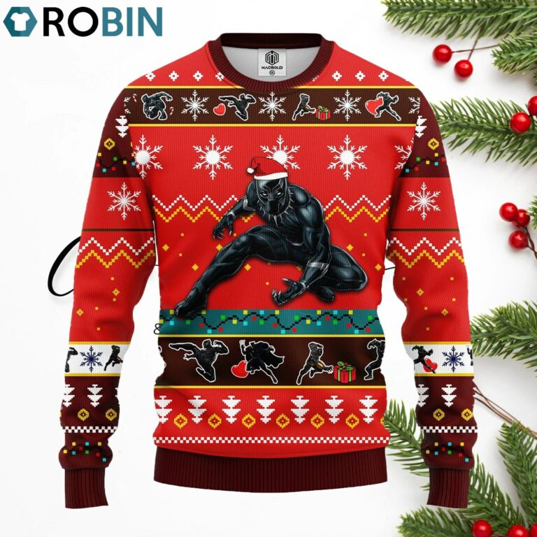 Black Panther Ugly Christmas Sweater Red Brown