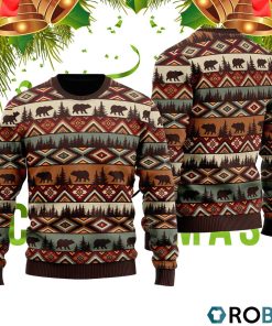 Brown Tribal Bear And Fir Tree Pattern 3D Print Ugly Christmas Sweater RB2435