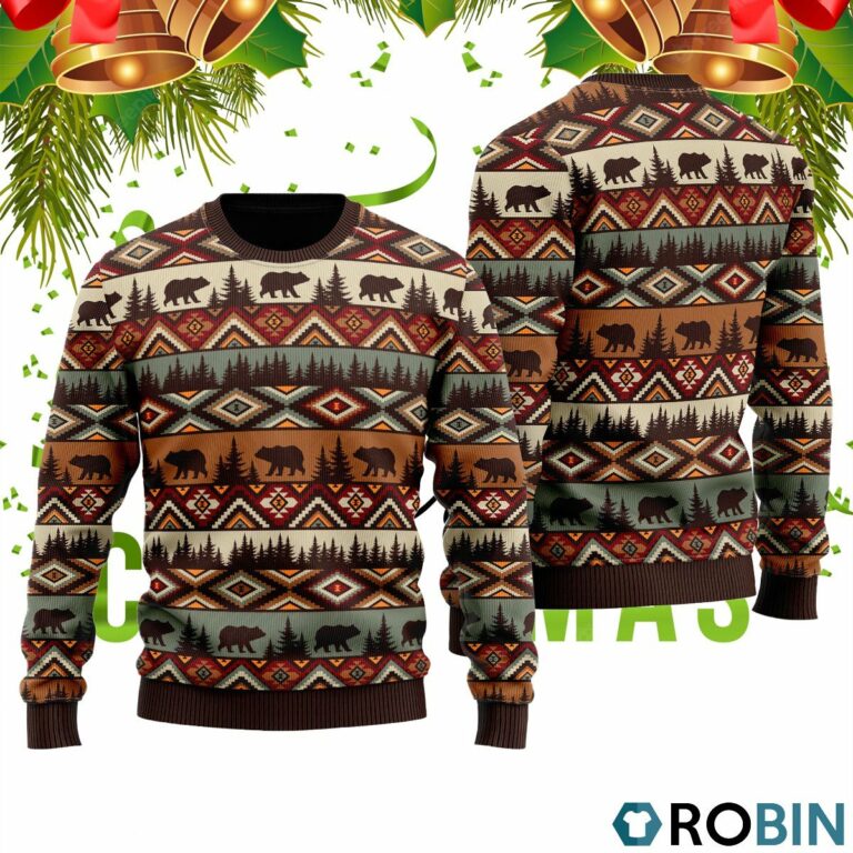 Brown Tribal Bear And Fir Tree Pattern 3D Print Ugly Christmas Sweater RB2435