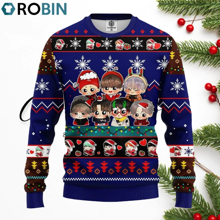 Bts Army Chibi Cute Ugly Christmas Sweater Blue