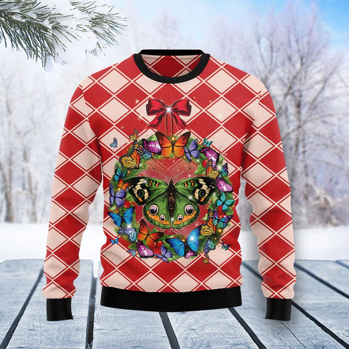 Butterfly Wreath Christmas Ugly Sweatshirt, Sweater