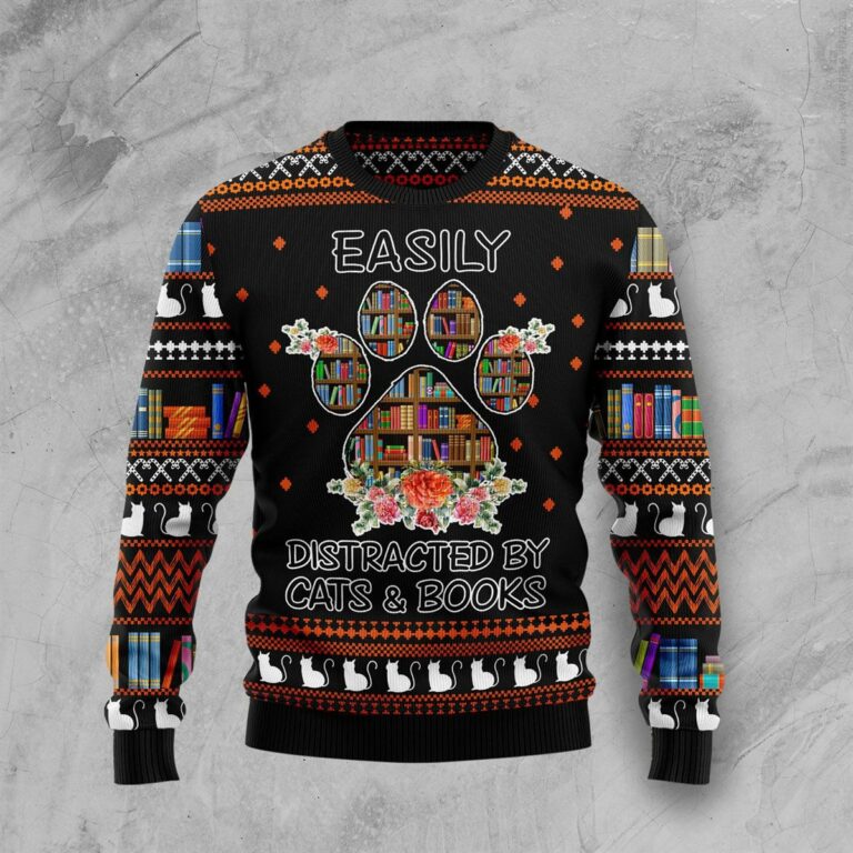 Cat And Books Christmas Ugly Sweatshirt, Sweater