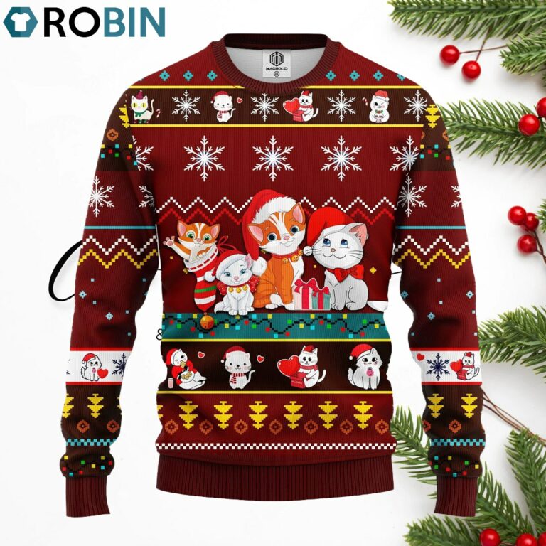 Cat Cartoon Cute Noel Merry Christmas Ugly Christmas Red Brown