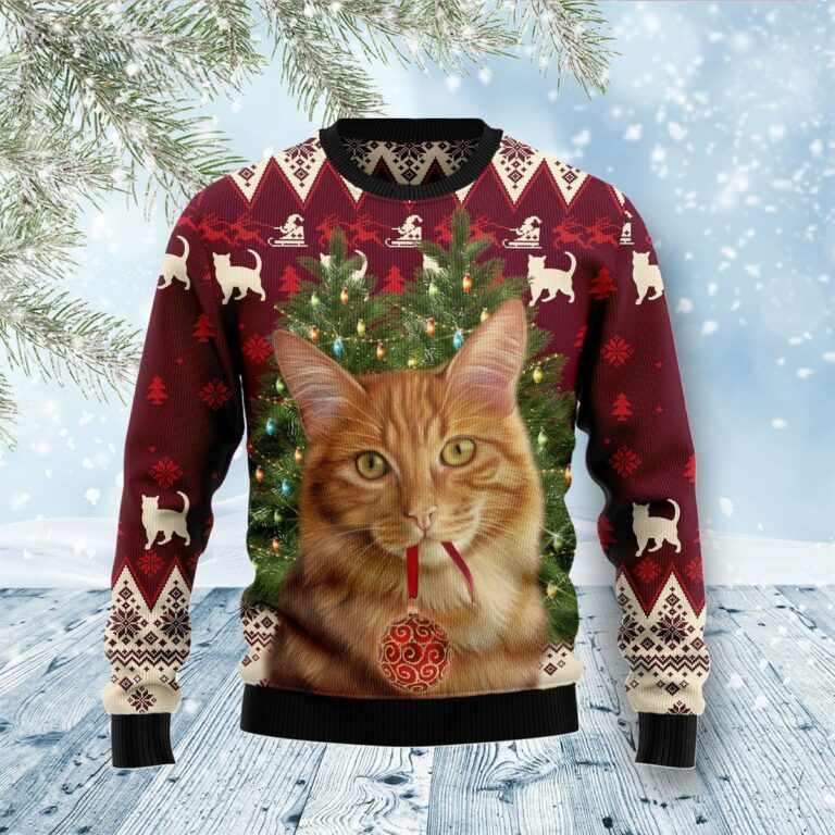 Cat Decor Pine Christmas Ugly Sweatshirt, Sweater
