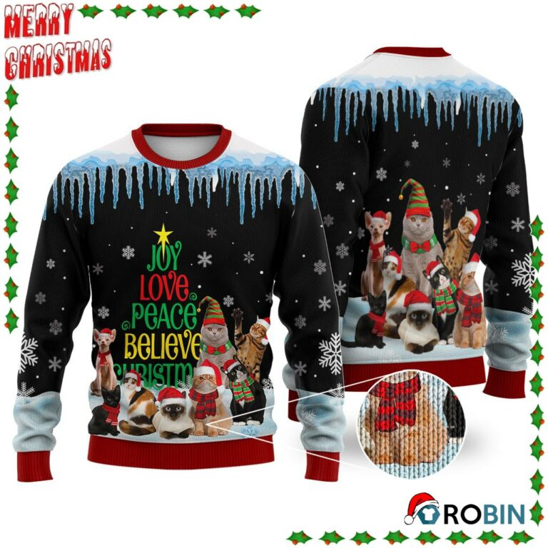 Cat Joy Love Peace Believe Christmas Ugly Sweatshirt, Sweater