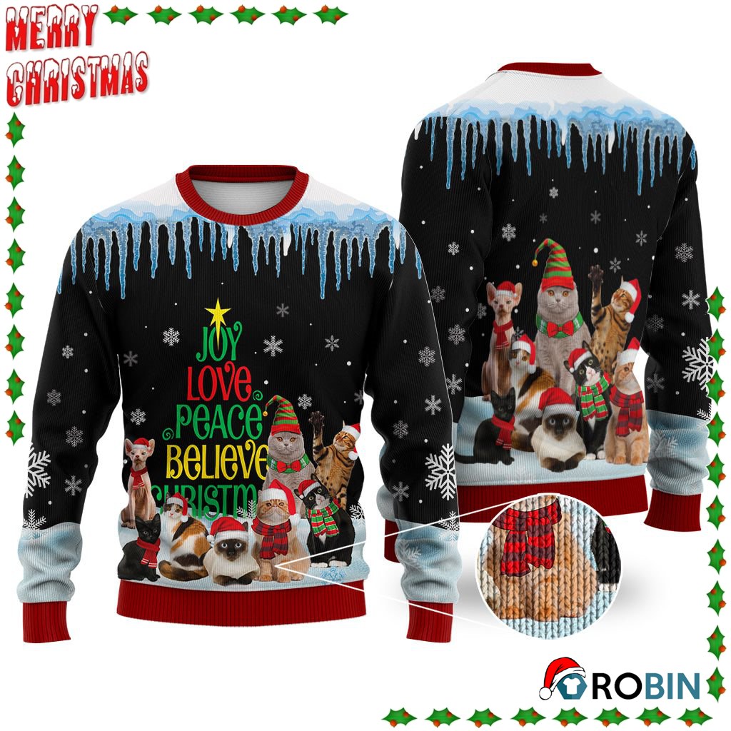Cat Joy Love Peace Believe Christmas Ugly Sweatshirt, Sweater