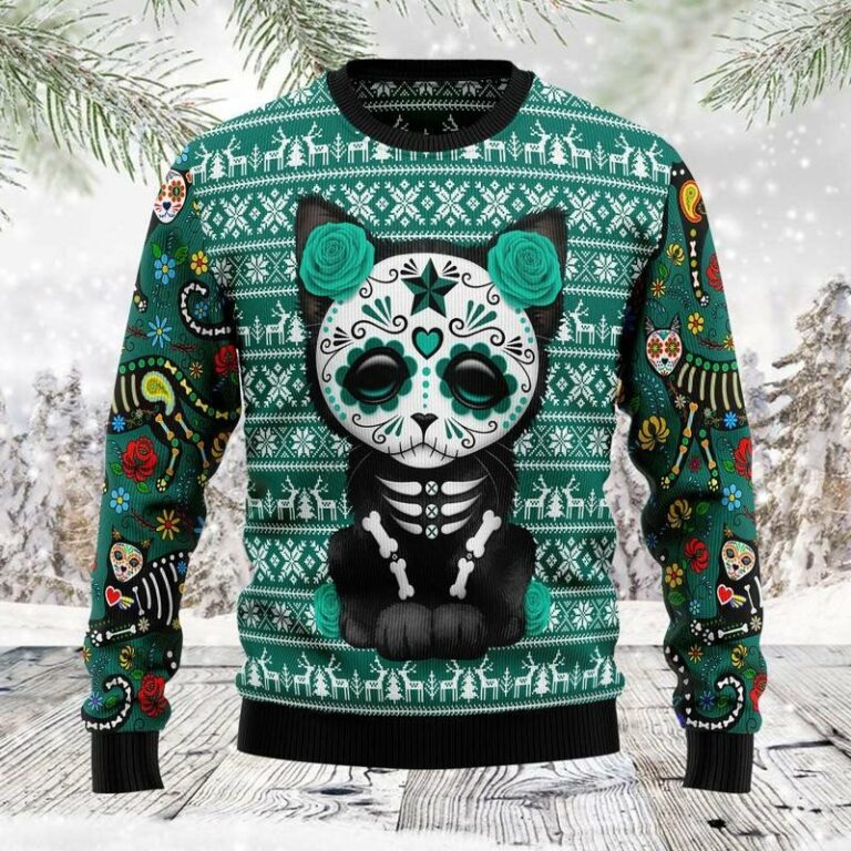 Cat Sugar Skull Ugly Christmas Sweatshirt, Sweater
