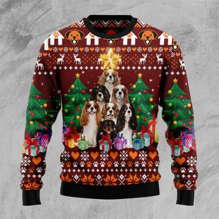 Cavalier King Charles Spaniel Pine Tree Christmas Ugly Sweatshirt, Sweater