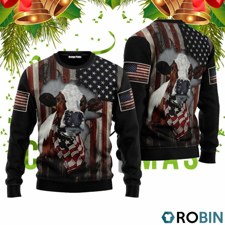 Cow American Flag Patriotic 3D Print Ugly Christmas Sweater RB2042