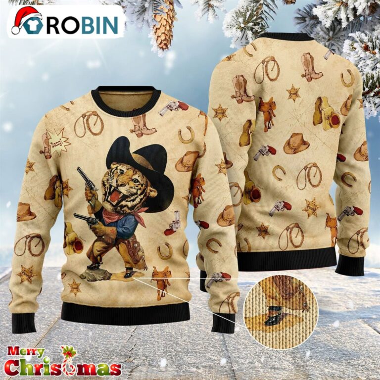 Cowboy Tiger Xmas Ugly Sweater – Christmas Outfits Gift – Ugly Christmas Sweater