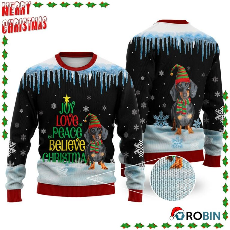 Dachshund Dog Joy Love Peace Believe Christmas Ugly Sweatshirt, Sweater