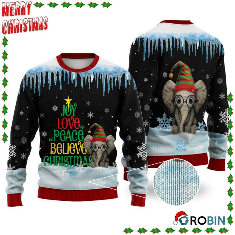 Elephant Joy Love Peace Believe Christmas Ugly Sweatshirt, Sweater