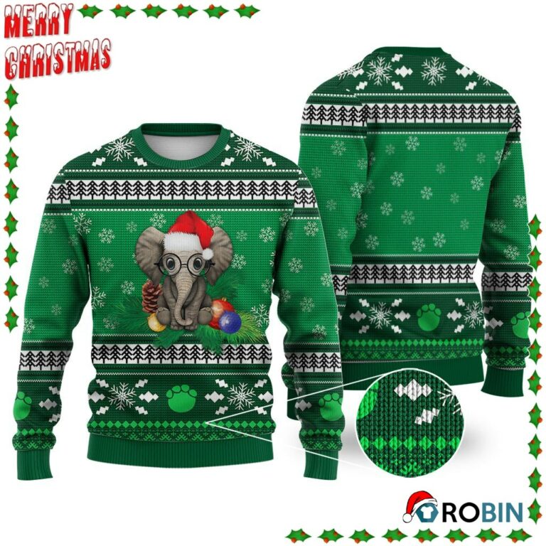 Elephant Pattern Falling Snowflakes Ugly Sweatshirt, Sweater