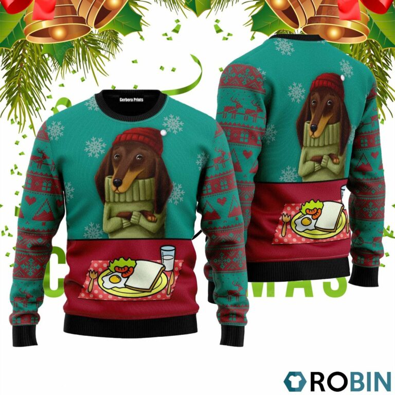 Funny Dachshund Breakfast 3D Print Ugly Christmas Sweater RB4524