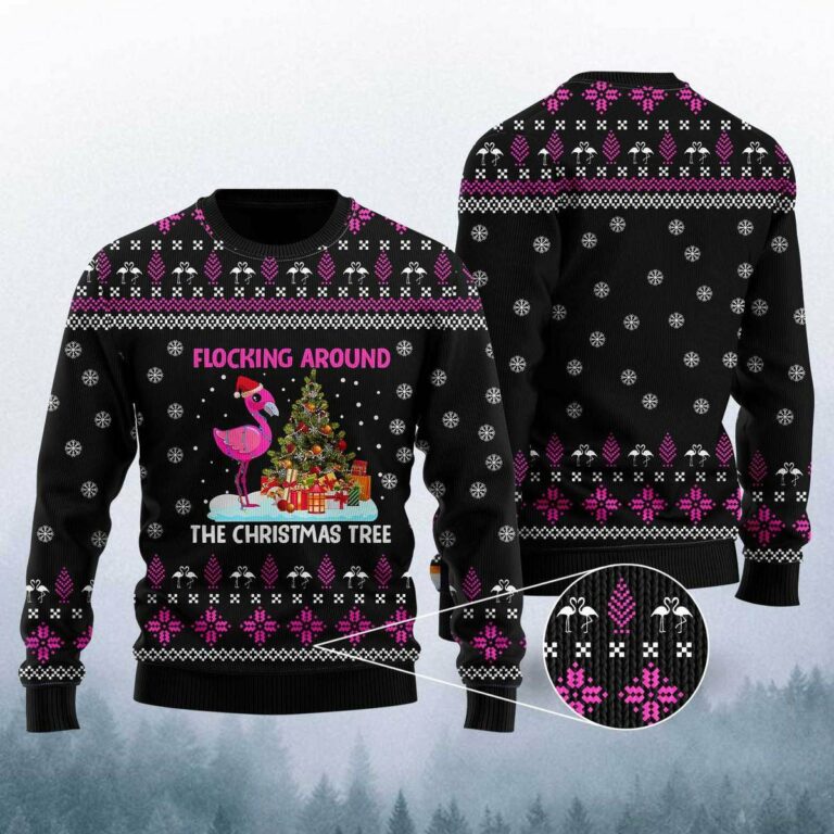 Funny Flamingo Flocking Around The Christmas Tree Christmas Ugly Sweatshirt, Sweater