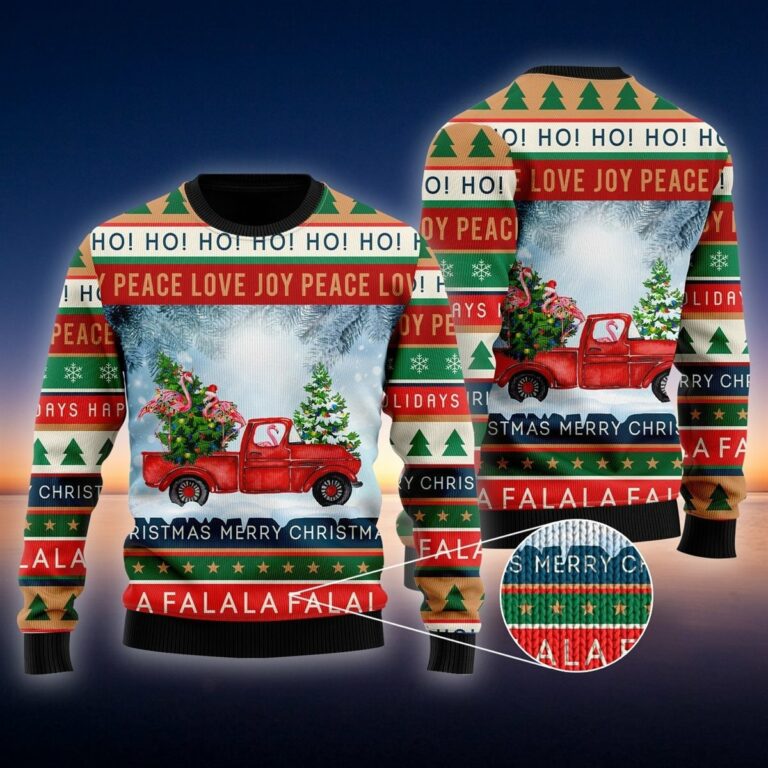 Funny Flamingo With Red Truck Christmas Holiday Ugly Sweatshirt, Sweater