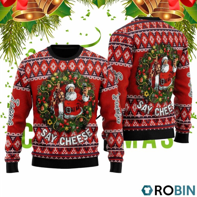 Funny Jesus And Funny Santa Say Cheese 3D Print Ugly Christmas Sweater RB4548