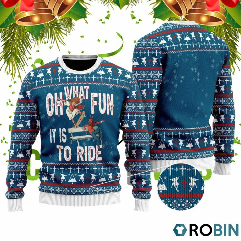 Funny Jesus Ride Skateboarding With Satan Ugly Christmas Sweater RB4504