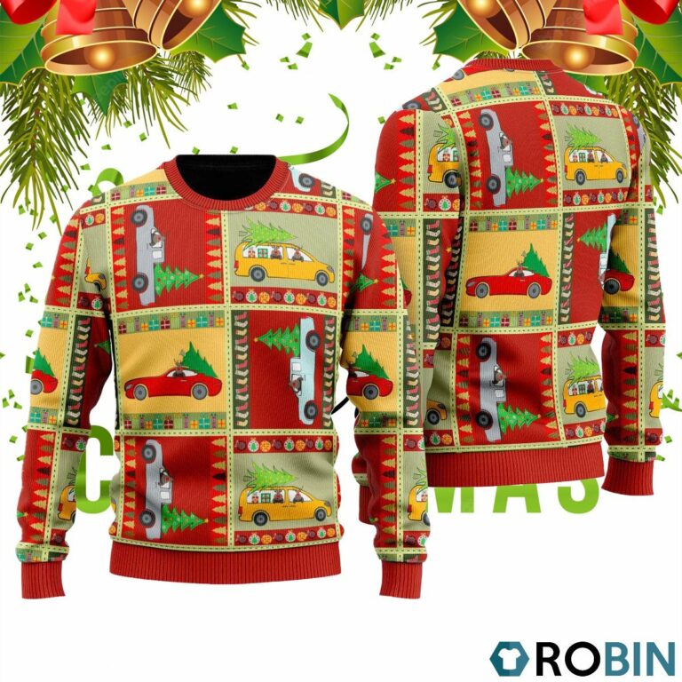 Funny Patchwork Reindeer On Car 3D Print Ugly Christmas Sweater RB2442